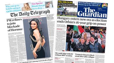 Newspaper headlines: 'PM refuses to join blockade' and 'Hungary enters new era'