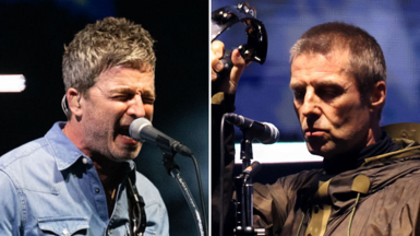 A collage of Noel (left) and Liam Gallagher (right) of Oasis. Noel in a blue denim shirt stands at a microphone, likely mid-vocal or addressing the audience. Liam, in a dark jacket, raises a tambourine overhead with one hand.