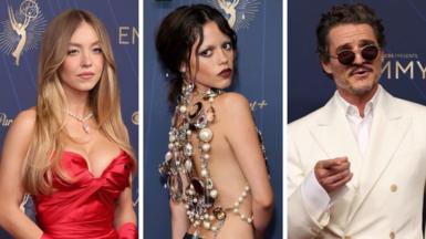 Sydney Sweeney, who has long blonde hair and wears a strapless satin red dress, in a composite image with Jenna Ortega, who has black hair in a low bun and shows the back of her top, which is adorned with pearls and jewels, and Pedro Pascal, who wears round sunglasses with a white tuxedo