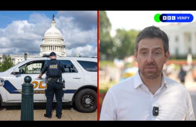 A split screen. On the left, a US Capitol police officer stands in front of a police car, with the Capitol Building watching over him, before a cloudy sky. On the right, BBC Correspondent Nick Beake in front of the White House. 