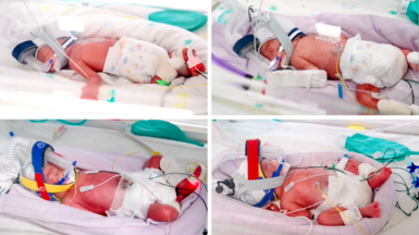The quadruplet babies pictured in a composite image - they are all in the hospital's nursery, in an incubator, wearing a breathing device and several wires