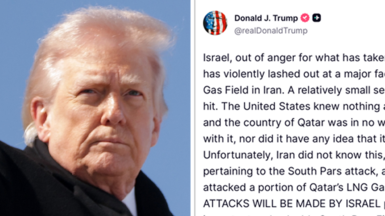 Composite image showing a face of Donald Trump on the left, and his Truth social post on the left, whih reads 'Israel, out of anger for what has taken place in the Middle East, has violently lashed out at a major facility known as South Pars Gas Field in Iran. A relatively small section of the whole has been hit. The United States knew nothing about this particular attack, and the country of Qatar was in no way, shape, or form, involved with it, nor did it have any idea that it was going to happen. Unfortunately, Iran did not know this, or any of the pertinent facts pertaining to the South Pars attack, and unjustifiably and unfairly attacked a portion of Qatar’s LNG Gas facility. NO MORE ATTACKS WILL BE MADE BY ISRAEL pertaining to this extremely important and valuable South Pars Field unless Iran unwisely decides to attack a very innocent, in this case, Qatar - In which instance the United States of America, with or without the help or consent of Israel, will massively blow up the entirety of the South Pars Gas Field at an amount of strength and power that Iran has never seen or witnessed before. I do not want to authorize this level of violence and destruction because of the long term implications that it will have on the future of Iran, but if Qatar’s LNG is again attacked, I will not hesitate to do so. Thank you for your attention to this matter. President DONALD J. TRUMP'