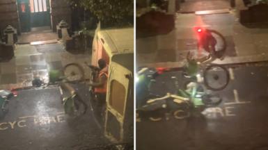 (L) A man in a high vis throws a green bike to the floor from a van – a bike is thrown into a pile of Lime Bikes.