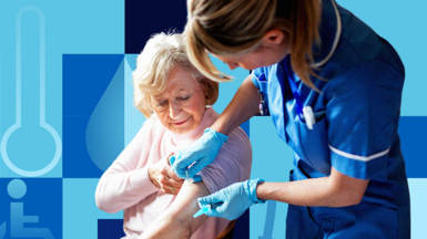 Female nurse prepares older woman for blood test