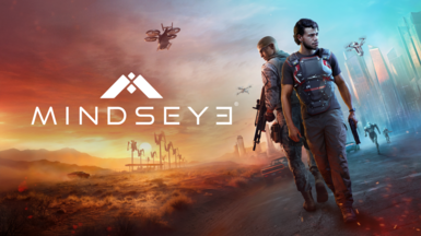 A cover image from the MindsEye game, showing two soldiers patrolling a vast landscape of marshes mixed with mountains and a city's skyscrapers, tinged with yellow sunset and bright blue colours.
