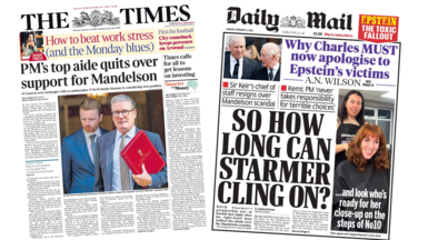 A composite image of the front pages of the Times and the Daily Mail. "PM's top aide quits over support for Mandelson" reads the headline of the former and "so how long can Starmer cling on?" reads the headline of the latter.