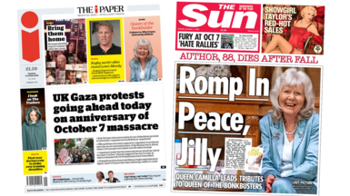 A composite image of The i Paper and The Sun. "UK Gaza protest going ahead today on anniversary of October 7 massacre" and "Romp in Peace, Jilly" reads the headlines of the two respectively.