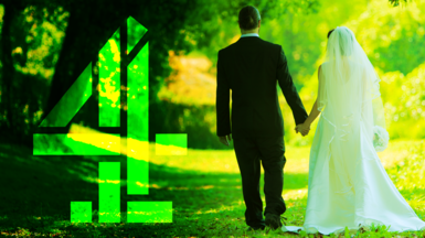 A groom dressed in a dark suit and a bride dressed in white walk hand in hand along a sunlit grassy path, surrounded by tall green trees. Bright sunlight filters through the leaves. A large green Channel 4 logo sits to the left.