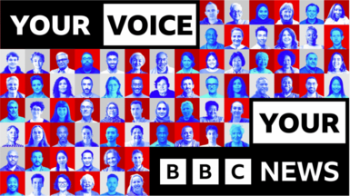 stylised grid of people with blue portrait photos set on a red and grey grid with Your Voice Your BBC News written on