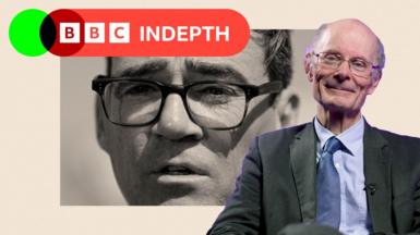 A black and white image of Andy Burnham with a border around which is cream. There is also an image of Sir John Curtice on the right and a lozenge which says BBC InDepth