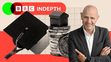 Evan Davis on the right of shot with a graduation hat on the left and a pile of £1 coins with a monopoly style house on the top on the right