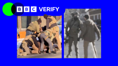 Composite image showing Ros Atkins, a BBC presenter wearing a blue suit, in the foreground are images showing two separate incidents between Alex Pretti and federal officers.
