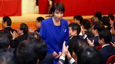 Newly-elected Liberal Democratic Party (LDP) leader Sanae Takaichi receives an applause after winning the LDP leadership election on October 4, 2025 in Tokyo, Japan