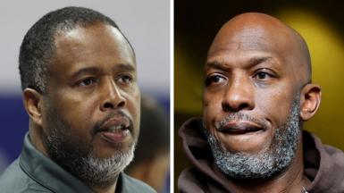 A composite image of Damon Jones on the left and Chauncey Billups on the right, both are headshots with them looking away from camera.