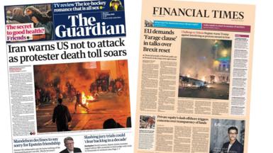 A composite of the front pages of the Guardian and the Financial Times on 12 January 2026.