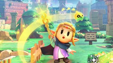 A computer-rendered artwork shows a princess character standing in front of a fantastical landscape featuring a castle. She's waving a golden wand over her head as a small, glowing orb creature circles around her, leaving a trailer of golden light behind it.