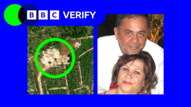 A composite image showing a satellite image of the home of Joe Elias and his wife Diana in southern Lebanon which has been destroyed. On the right is a picture of Joe and Diana together. The BBC Verify logo is in the top left-hand corner and both images are surrounded by a blue border.