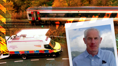 A composite image depicting an aerial shot of a crashed train, a network rail and a polaroid style photograph of Tudor Evans.