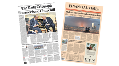 The headline on the front page of the Daily Telegraph reads: “Starmer is no Churchill”. The headline on the front page of the Financial Times reads: “Mideast energy shock batters markets”.