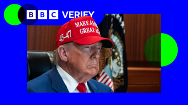 A composite image showing US President Donald Trump in the Situation Room at the White House, overlaid on a blue and green background with the BBC Verify logo in the top left corner