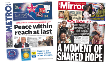 A composite image of Metro and the Daily Mirror. "Peace within reach at last" reads the headline of the former and "a moment of shared hope" reads the headline of the latter.