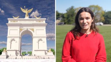 A split screen of a rendering of arch on the left and a woman in red on the right.