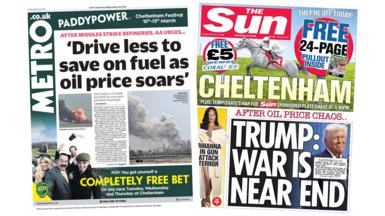 Newspaper headlines: 'Drive less to save on fuel' and 'War is near end'