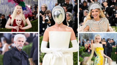 A composite image of 5 people in flamboyant costumes at the Met gala. In the centre in a largest part of the image is a women in white wearing a mask over her face