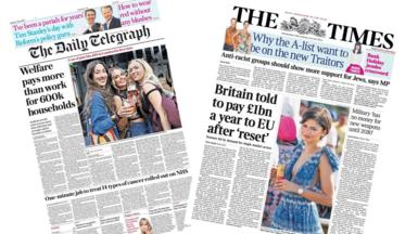 A composite image of the front pages of the Times and the Daily Telegraph on 4 May 2026