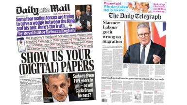 A composite image of The Daily Mail and The Daily Telegraph. The headline of the former reads "show us your (digital papers)" while a headline on the latter reads "Blair ready to lead interim government of Gaza after war ends."