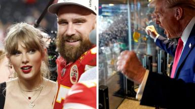 A composite image showing, on the left, Taylor Swift and her boyfriend Travis Kelce after the Super Bowl last year. On the right, Donald Trump at an NFL game last October during his presidential election campaign.