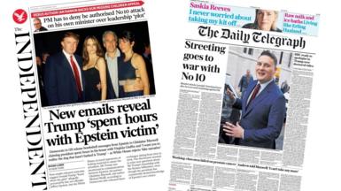 A composite image of the front pages of the Daily Telegraph and the Independent on 13 November 2025