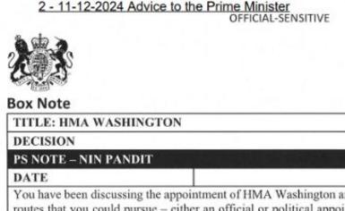 Screenshot of document headed "advice to the prime minister" and "official sensitive"