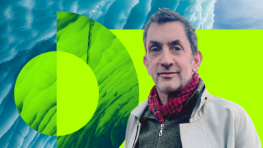 Justin Rowlatt on a green graphic