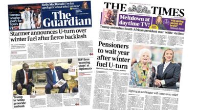 A composite image of the front pages of the Times and the Guardian on 22 May 2025