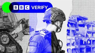 A promotional image for a BBC Verify story with branding. A soldier with his head turned away from the camera can be seen in the middle. On either side of him are images of destroyed buildings. 