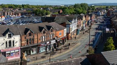 An aerial view of Ashton-in-Makerfield in Makerfield, England.