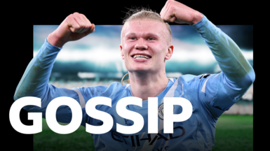 Close-up of Erling Haaland celebrating. He has blonde hair, tied back, and is wearing Manchester City's light blue home short. His arms are raised. The word "Gossip" appears in the lower portion of the graphic.