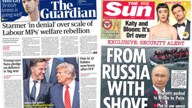 The headline on the front page of The Guardian reads "Starmer 'in denial' over scale of Labour MP's welfare rebellion". The headline of The Sun reads "from Russia with shove".