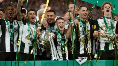 Newcastle United players celebrate after defeating Liverpool in the 2025 League Cup final at Wembley