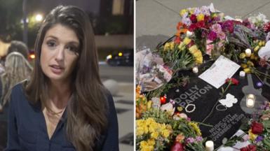 Split image, on the left BBC correspondent outside the Country Music Hall of Fame in Nashville and on the right are flowers for Dolly Parton