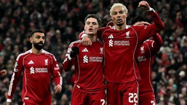 Liverpool midfielder Florian Wirtz celebrates scoring a goal with Hugo Ekitike