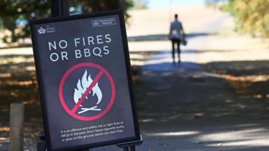 A sign on Primrose Hill in London saying 'NO FIRES OR BBQS'