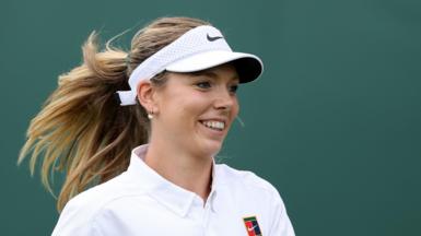 Katie Boulter laughs during Wimbledon practice