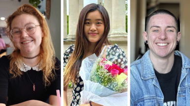 Composite pictures each showing one person - two women and a man - smiling. The woman in the centre is holding a bunch of flowers