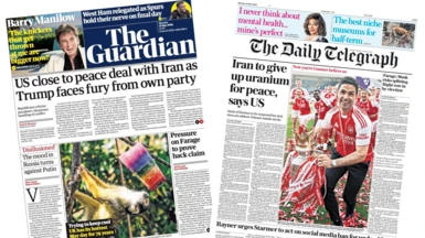 A composite image of the front pages of the Guardian and the Daily Telegraph. "US close to peace deal with Iran as Trump faces fury from own party" reads the headline of the former and "Now you're Gunner believe us" reads a caption on the ohter.