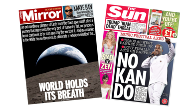 The headline on the front page of the Mirror reads: “World holds its breath”. The headline on the front page of the Sun reads: “No Kan do".