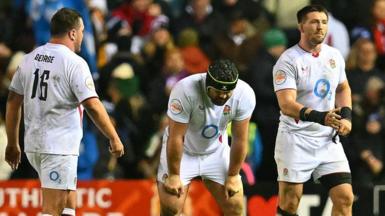 England players react at the final whistle of the Six Nations defeat at Murrayfield on 14 February 2026