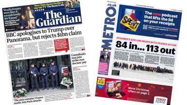 A composite image of the front pages of the Guardian and Metro on 14 November 2025