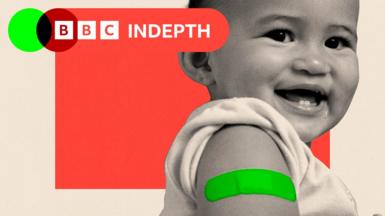 A treated image of a smiling baby with a green plaster